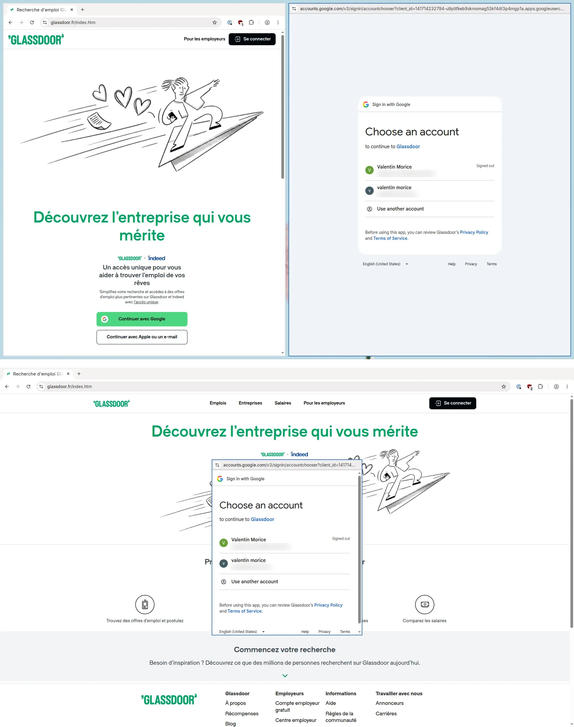 Two screenshots of the same Google sign-in popup on Glassdoor. In the first, sway has tiled the popup into its own half of the screen, squeezing the browser into the other half. In the second, the popup floats above a full-width browser window.